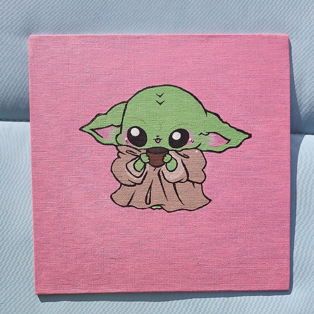 Cute Yoda Canvas Art on Pink Background 8x8